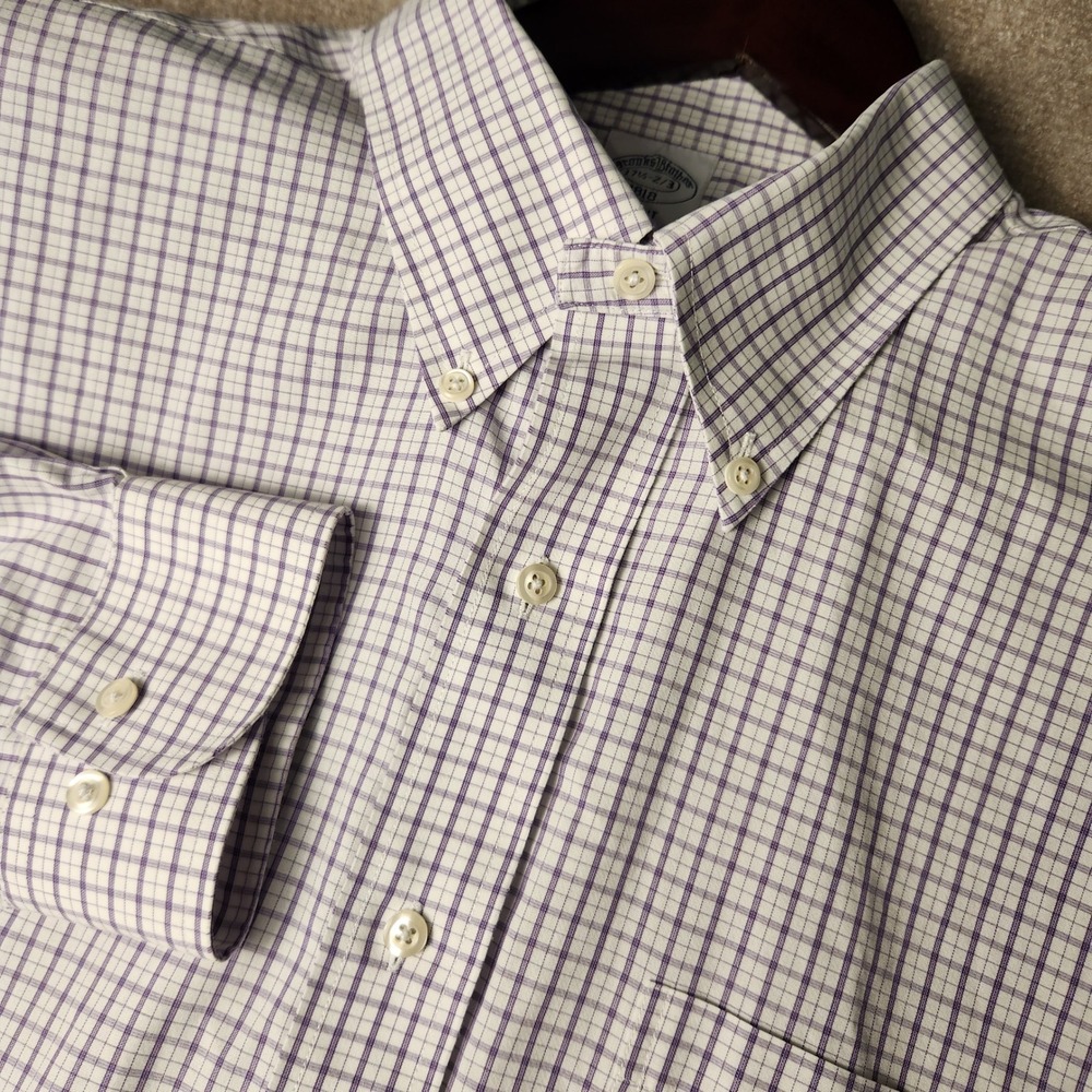 Brooks Brothers Regent Fit Non Iron Dress Shirt Purple White Check Mens 17.5 2/3